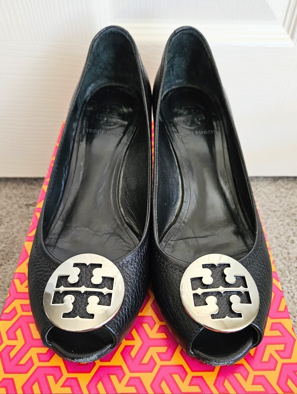 Tory Burch Black Leather Peep-Toe Wedges with Silver Logo Accent - Picture 2 of 11